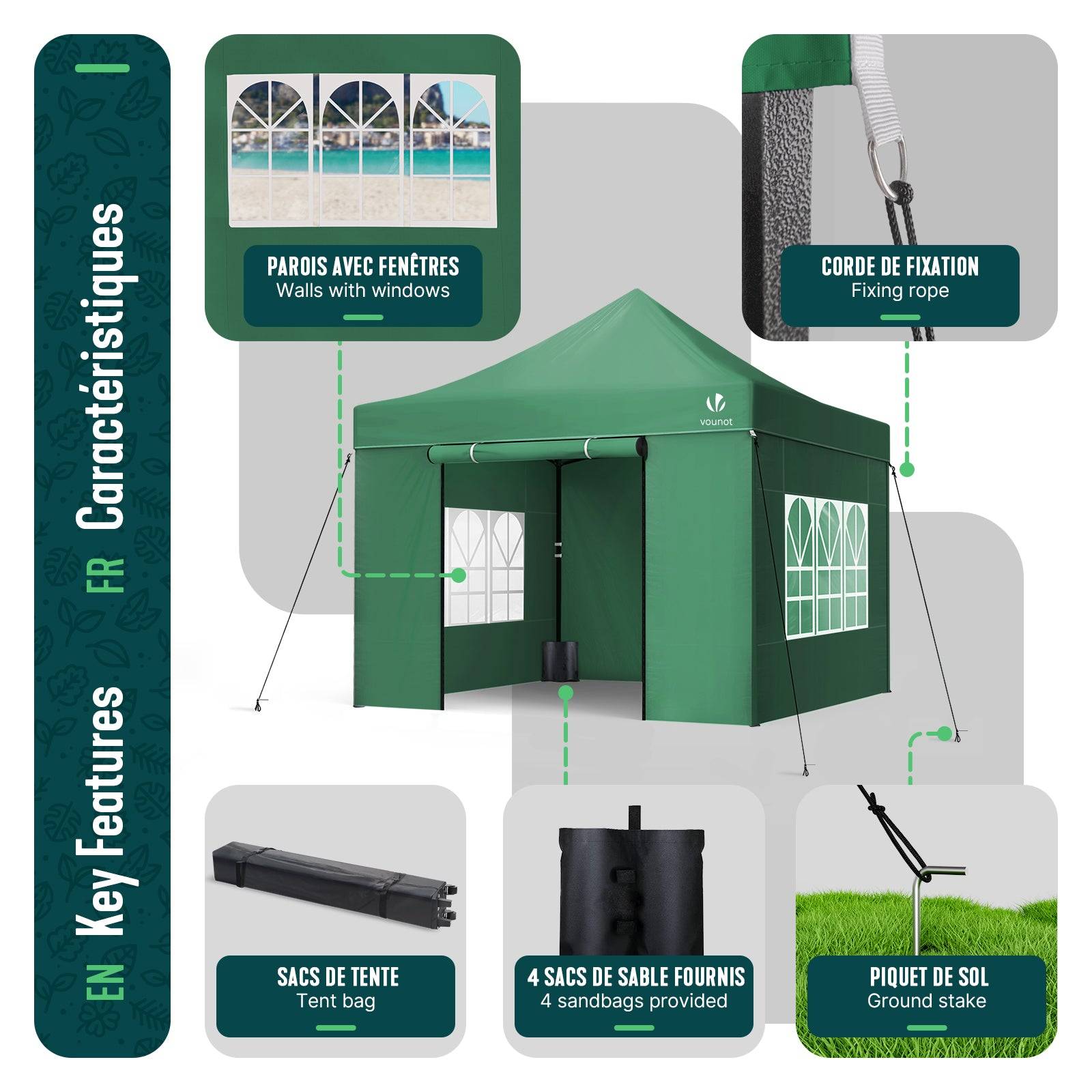 Tonnelle de jardin renforcée 3x3m pliable Barnum avec 4 parois - sac de transport à roulettes et sacs de sable - Vert - VOUNOT® - Image 4