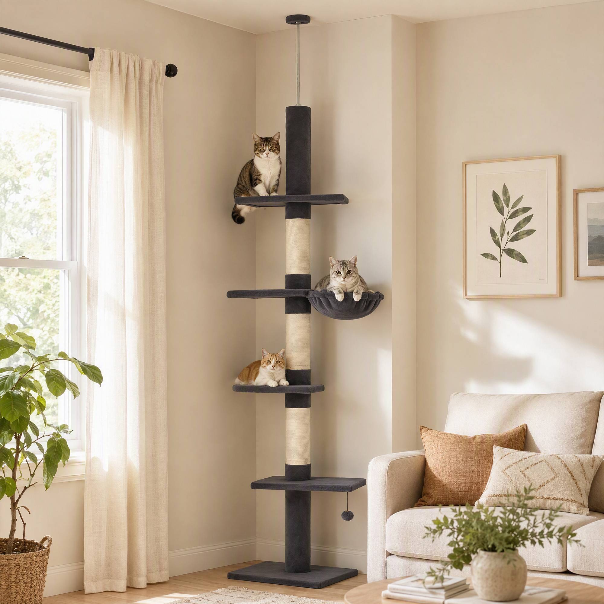 Arbre à chat plafond 225-255 cm réglable 5 étages 3 griffoirs sisal hamac plateformes - Image 3