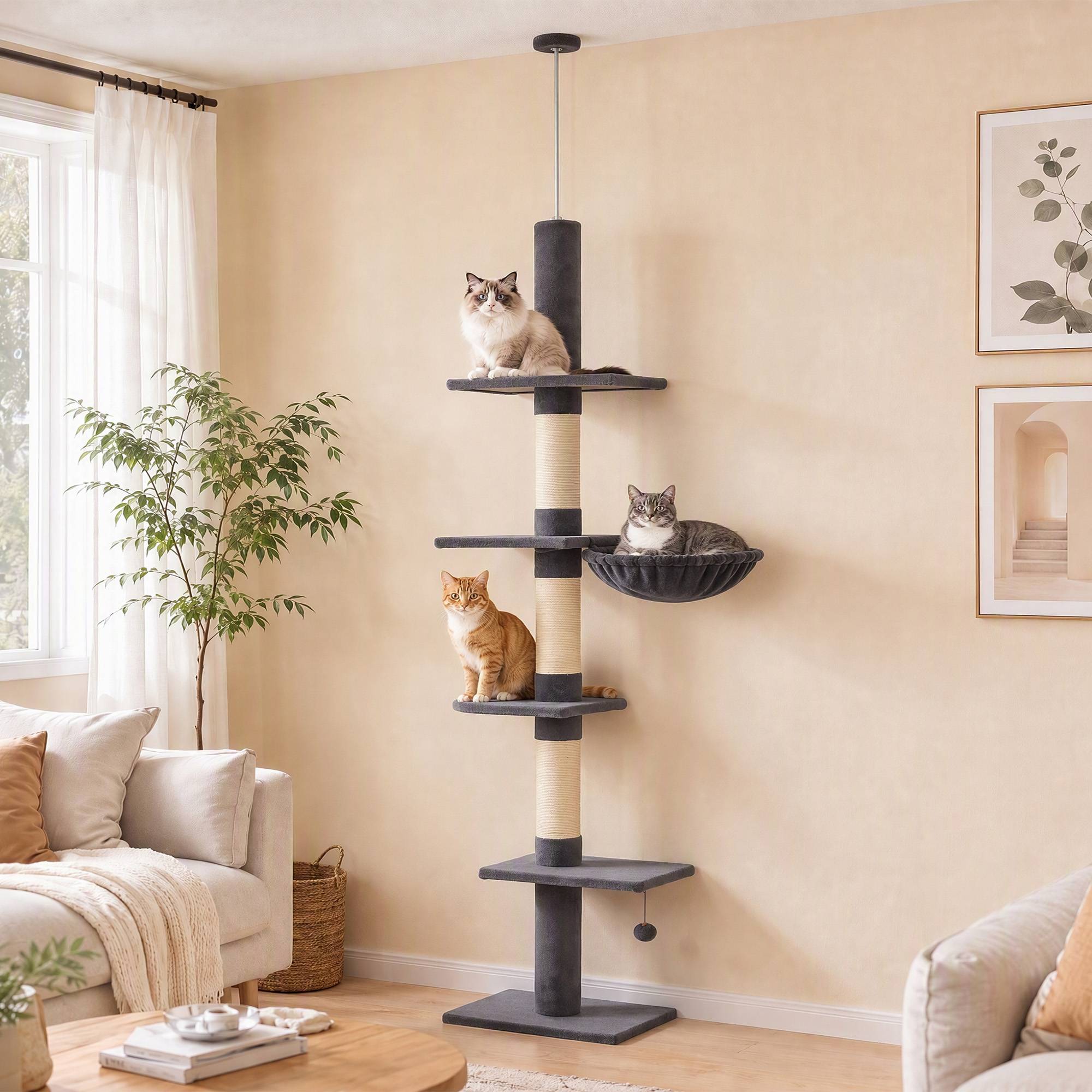 Arbre à chat plafond 225-255 cm réglable 5 étages 3 griffoirs sisal hamac plateformes - Image 10