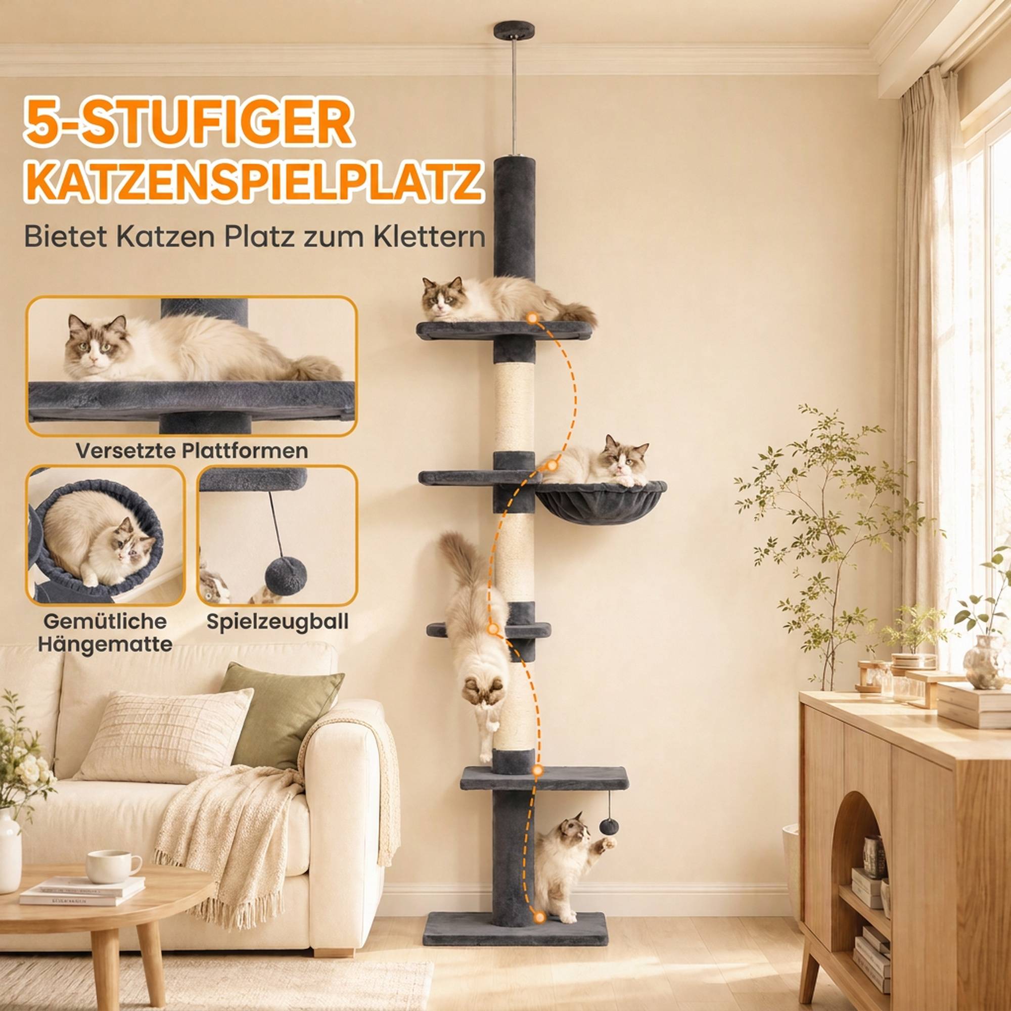 Arbre à chat plafond 225-255 cm réglable 5 étages 3 griffoirs sisal hamac plateformes - Image 7