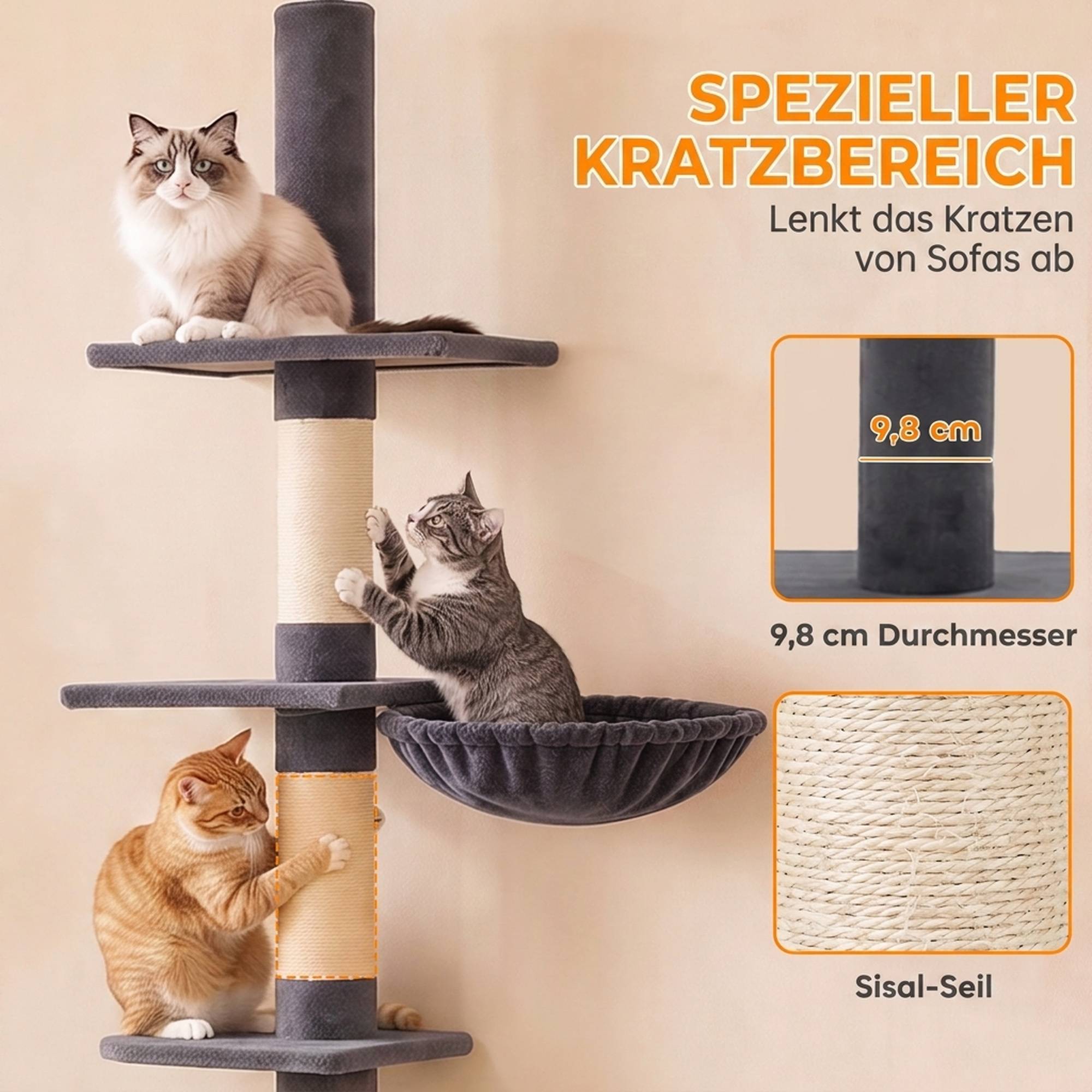 Arbre à chat plafond 225-255 cm réglable 5 étages 3 griffoirs sisal hamac plateformes - Image 8