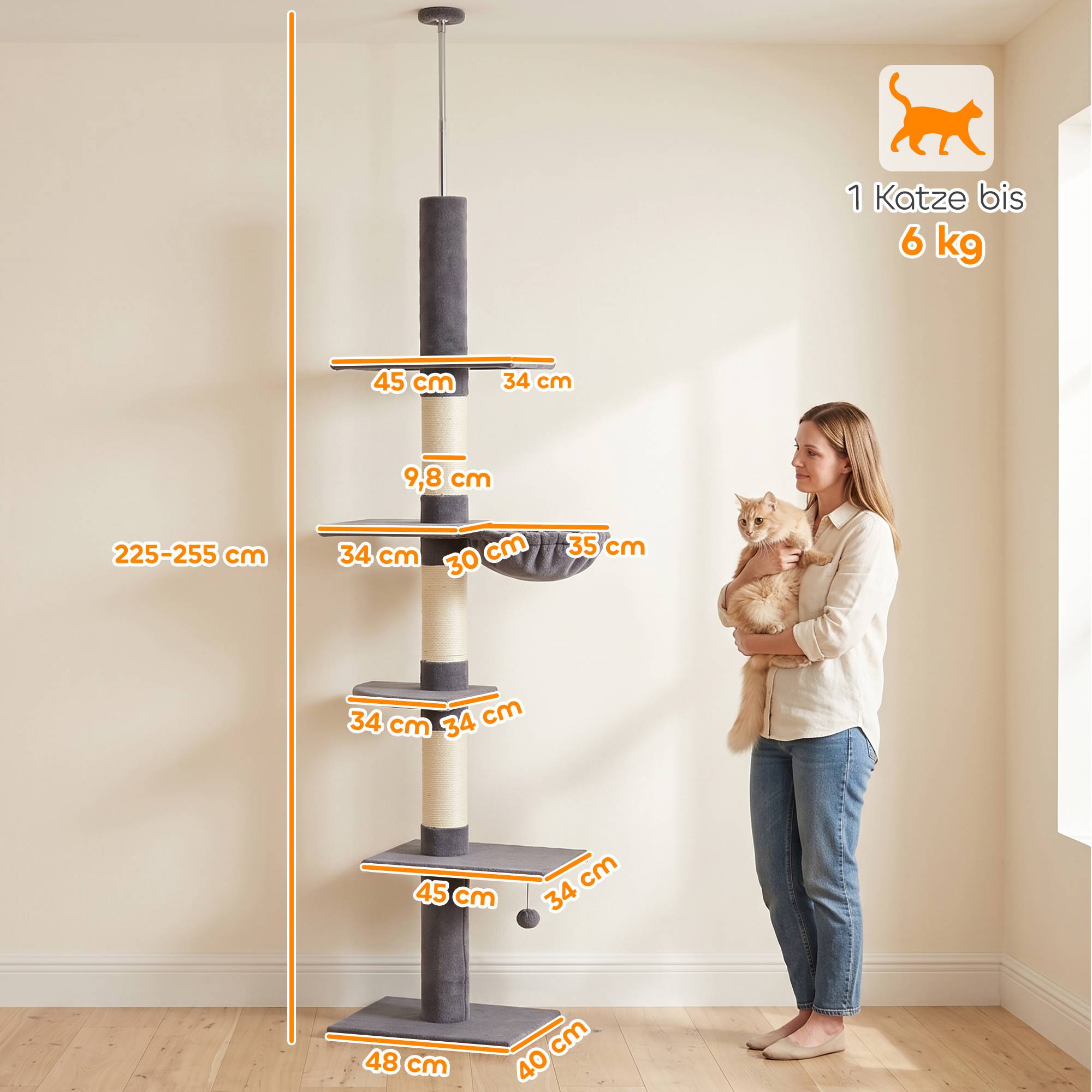 Arbre à chat plafond 225-255 cm réglable 5 étages 3 griffoirs sisal hamac plateformes - Image 5