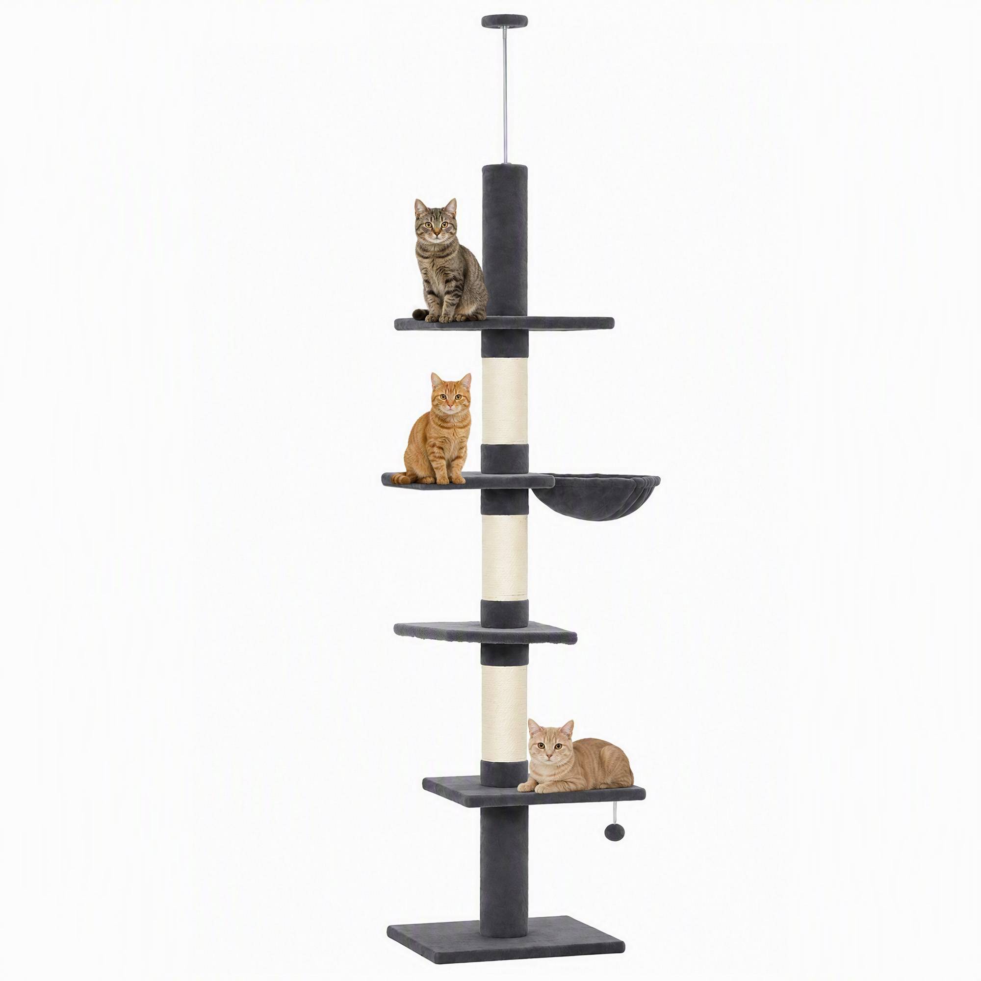 Arbre à chat plafond 225-255 cm réglable 5 étages 3 griffoirs sisal hamac plateformes - Image 1