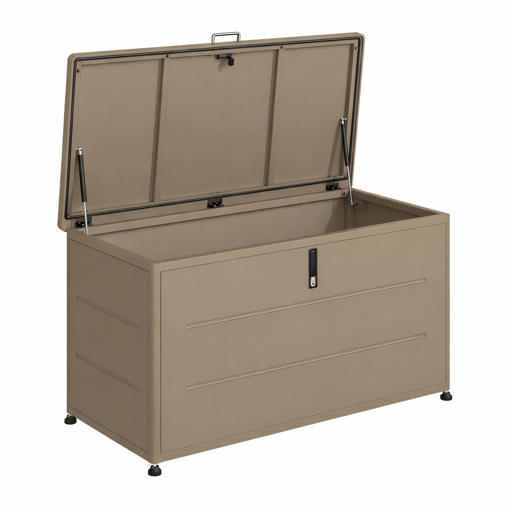 Couleurs du monde - Coffre de jardin 460L taupe – rangement extérieur en métal avec ouverture assistée, idéal terrasse - Image 2