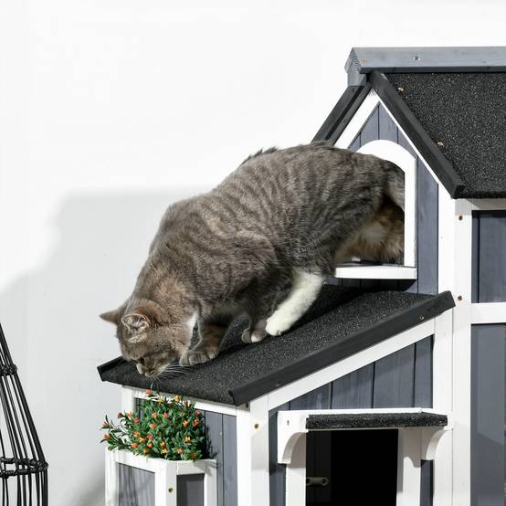 Maison pour chat en sapin 2 étages, plusieurs entrées, toit asphalte, résistante aux intempéries extérieur - Image 7