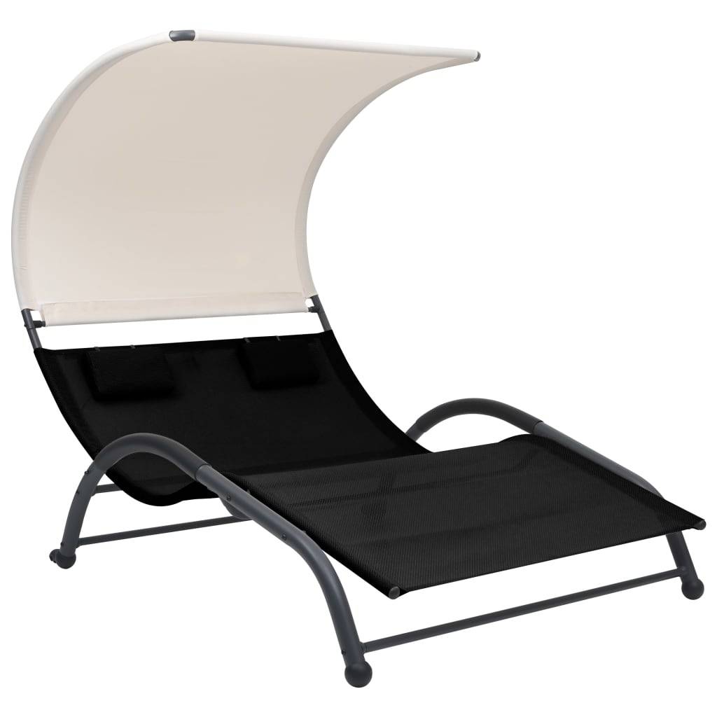 Helloshop26 - Transat chaise longue bain de soleil lit de jardin terrasse meuble d'extérieur double avec auvent textilène noir - Image 1