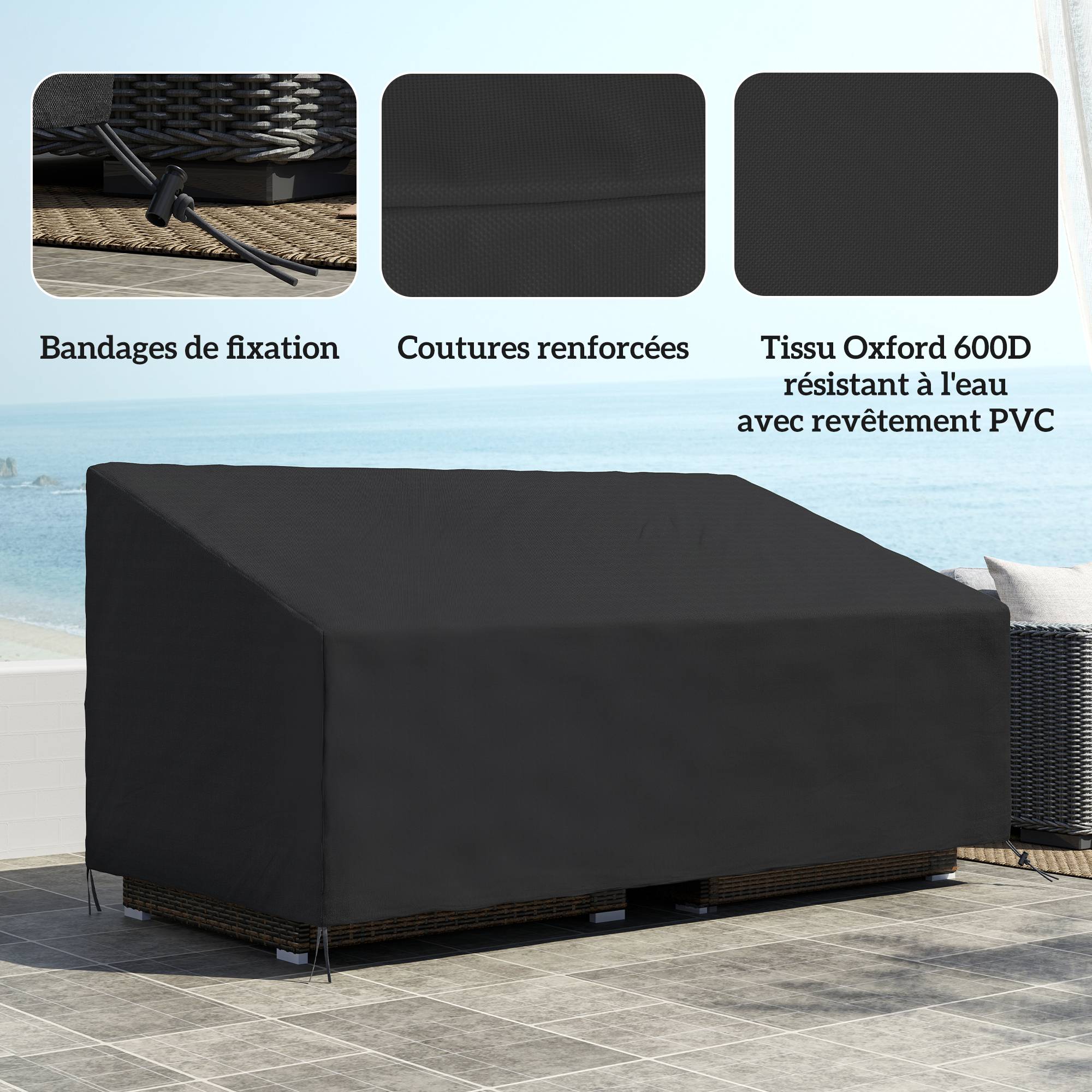 Outsunny - Housse de canapé exterieur imperméable 3 places 600D tissu oxford - 218 x 111 x 63/101 cm - noir - Outsunny - Image 6