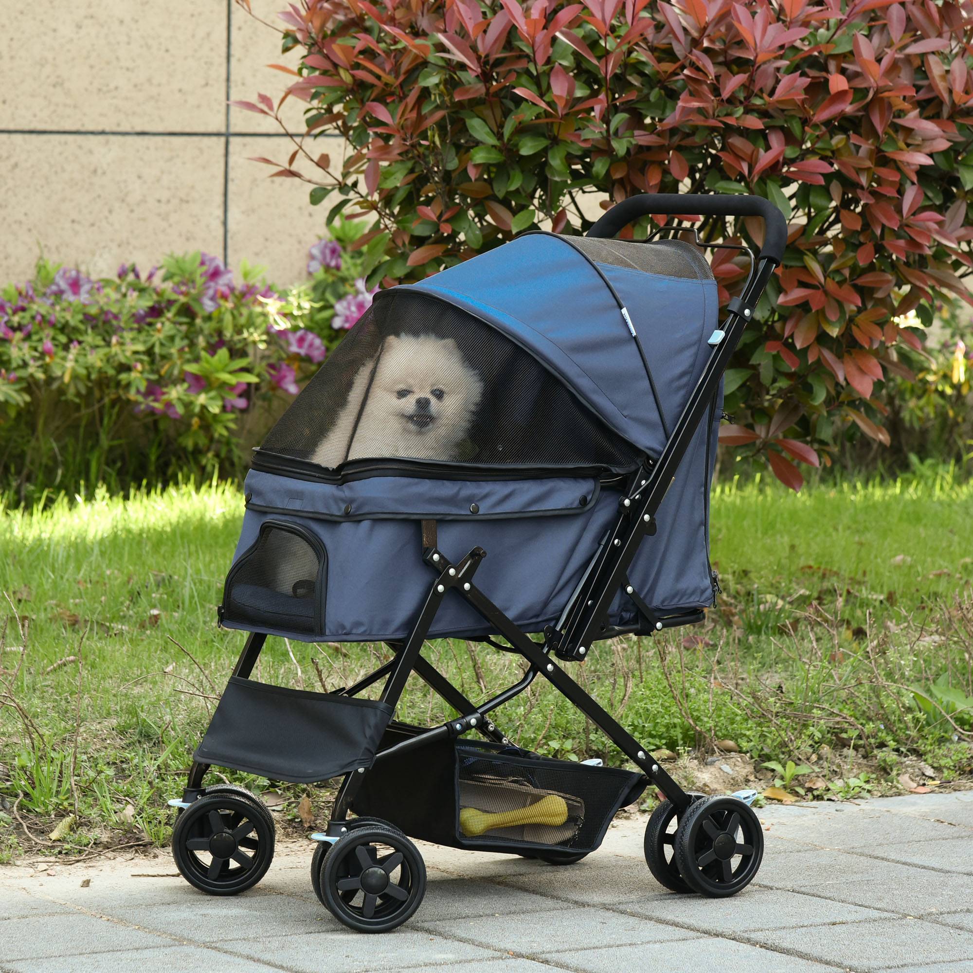 Poussette chien pliable, 1 panier, 2 freins, laisse sécurité incluse, bleu - Image 4