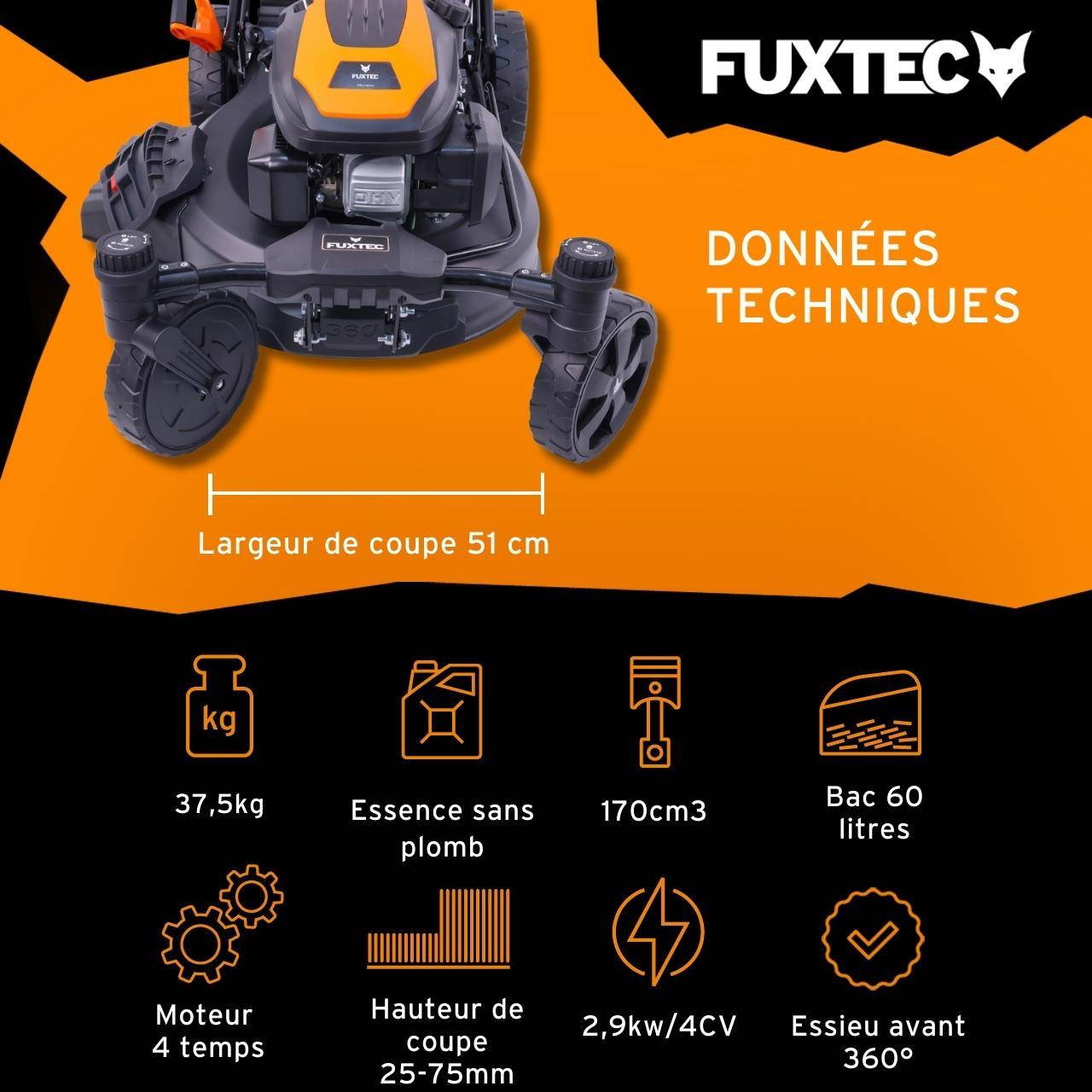 Tondeuse à gazon thermique autotractée FUXTEC FX-RM5170agile – 51 cm – 170 cm³ – 60L – Roues pivotantes – Easy Clean – Mulching - Image 3