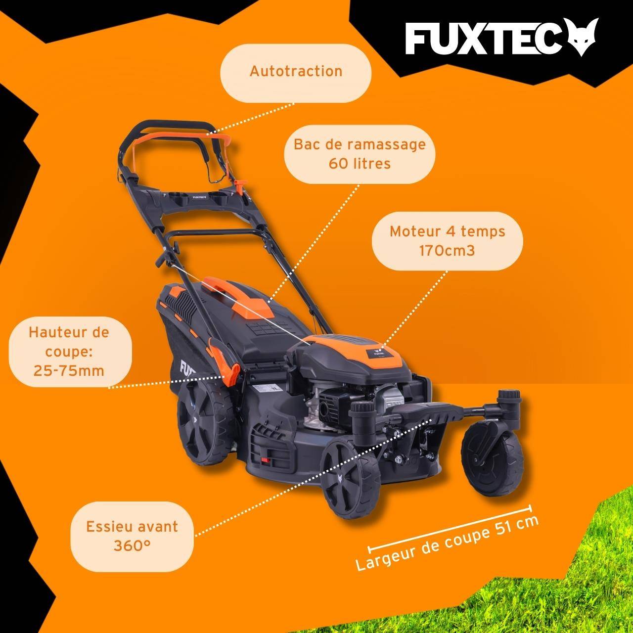 Tondeuse à gazon thermique autotractée FUXTEC FX-RM5170agile – 51 cm – 170 cm³ – 60L – Roues pivotantes – Easy Clean – Mulching - Image 6