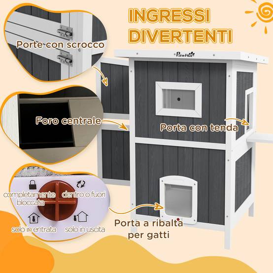 Maisonnette chat extérieur bois abri 2 niveaux toit asphalte 60x60x90cm gris - ComfortXL Outdoor Living - Image 7