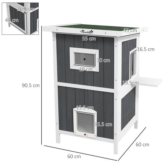 Maisonnette chat extérieur bois abri 2 niveaux toit asphalte 60x60x90cm gris - ComfortXL Outdoor Living - Image 5