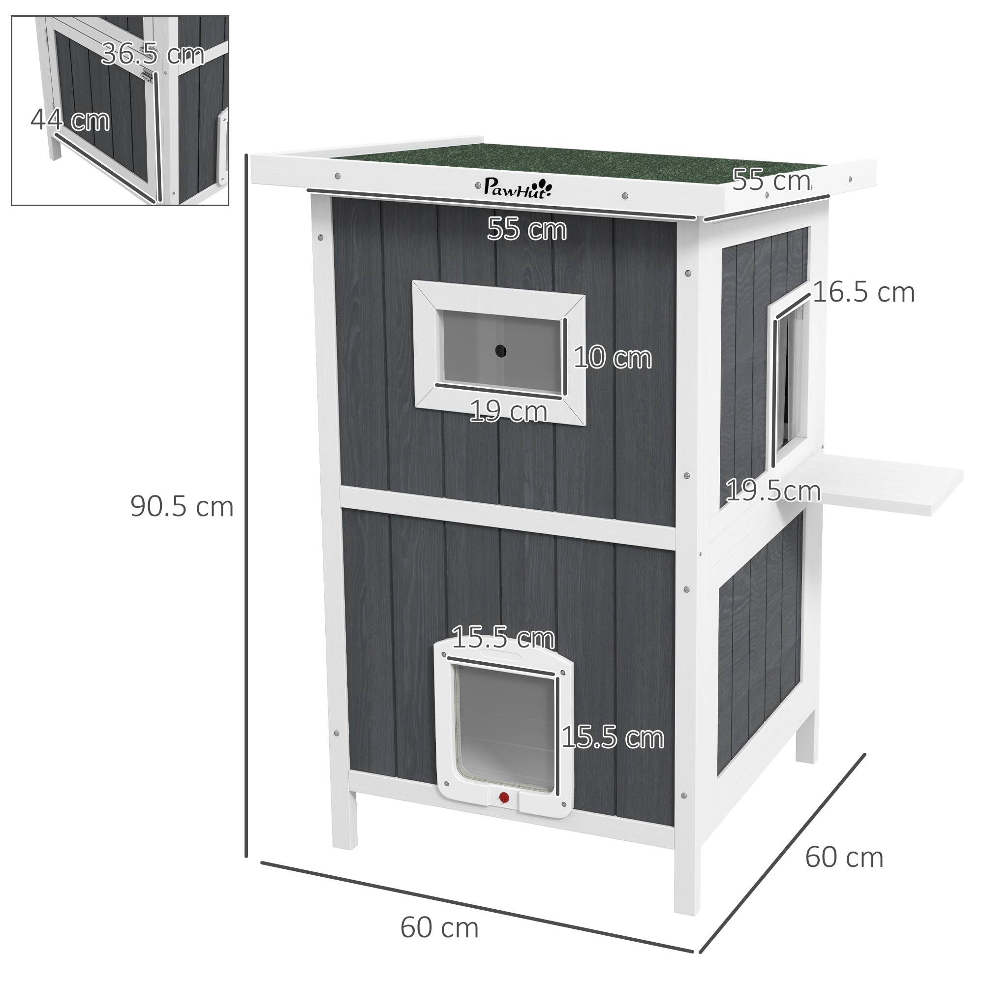 Maisonnette chat extérieur bois abri 2 niveaux toit asphalte 60x60x90cm gris - ComfortXL Outdoor Living - Image 5