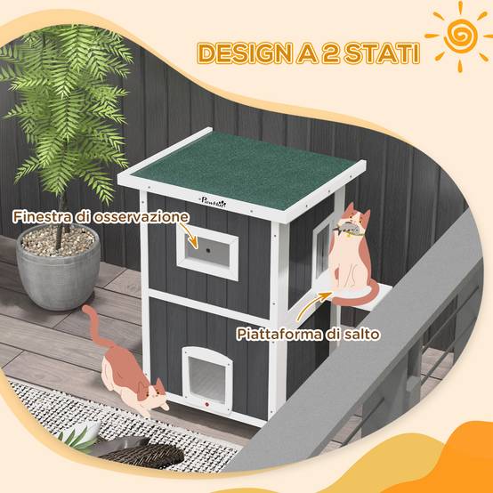 Maisonnette chat extérieur bois abri 2 niveaux toit asphalte 60x60x90cm gris - ComfortXL Outdoor Living - Image 6