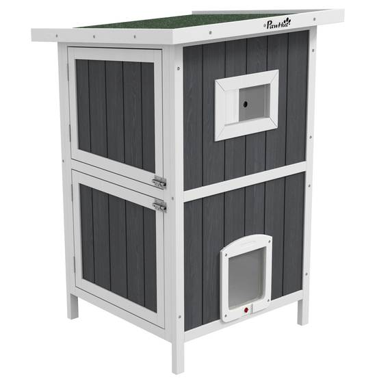 Maisonnette chat extérieur bois abri 2 niveaux toit asphalte 60x60x90cm gris - ComfortXL Outdoor Living - Image 2