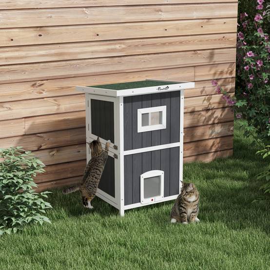 Maisonnette chat extérieur bois abri 2 niveaux toit asphalte 60x60x90cm gris - ComfortXL Outdoor Living - Image 4