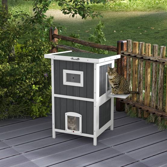 Maisonnette chat extérieur bois abri 2 niveaux toit asphalte 60x60x90cm gris - ComfortXL Outdoor Living - Image 3