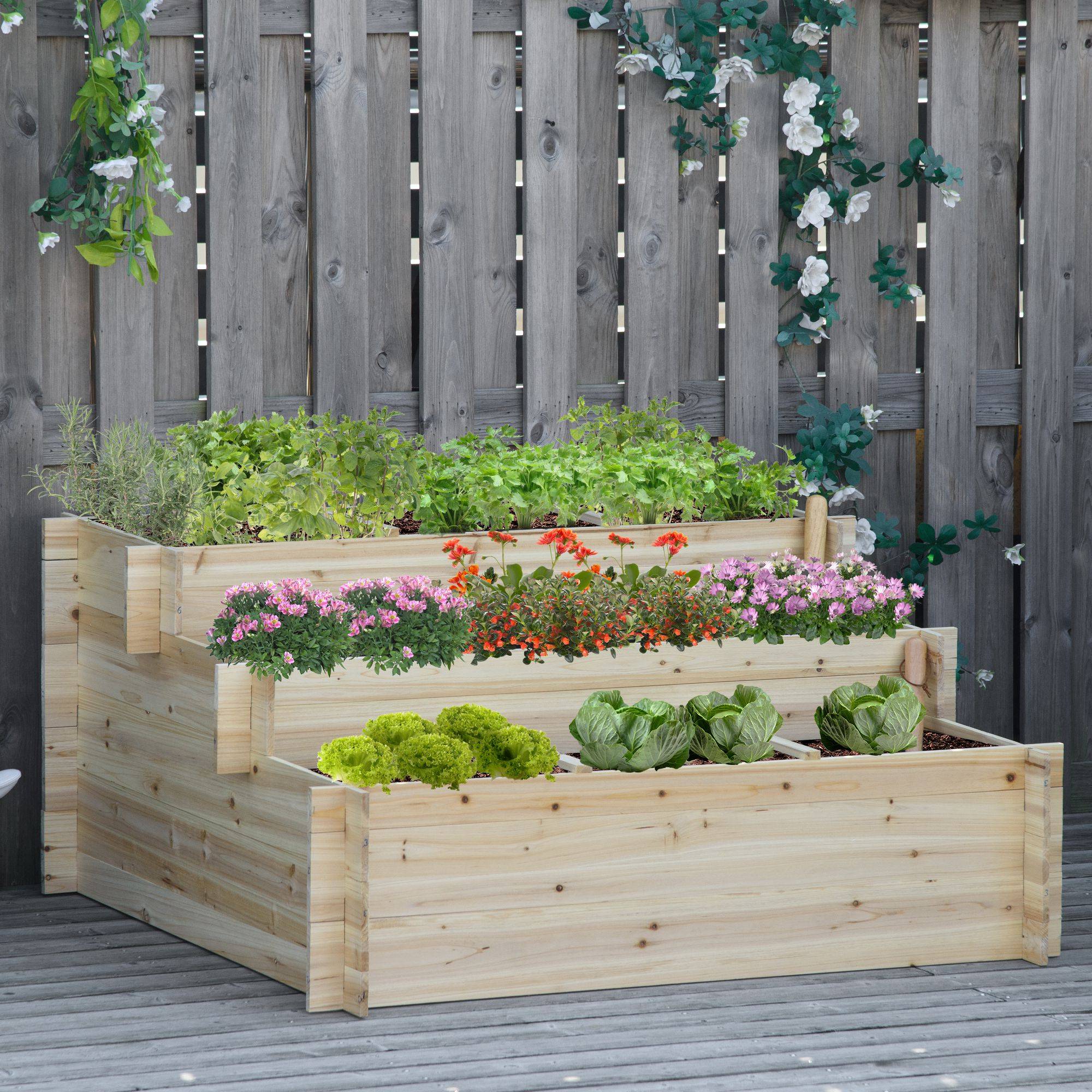 Sans Marque - Potager surélevé 3 niveaux doublure polaire bois naturel laqué 117x100x54 cm - Image 4