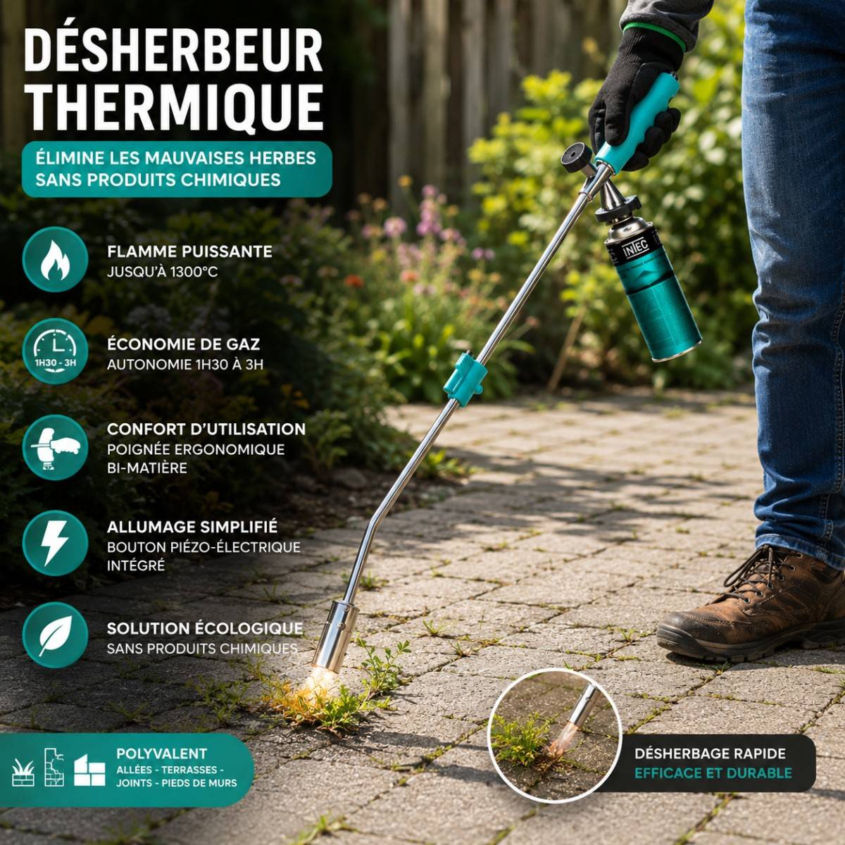 Désherbeur thermique Brule Herbes + 4 Cartouches de gaz 250g KZ GARDEN - Image 2