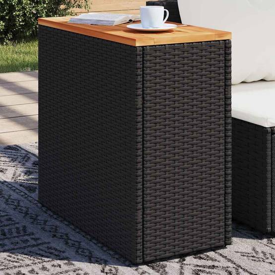 Petite Console d'Extérieur Noire avec Plateau Bois d'Acacia, 58x27.5cm en Poly Rotin – ComfortXL Outdoor Living - Image 1