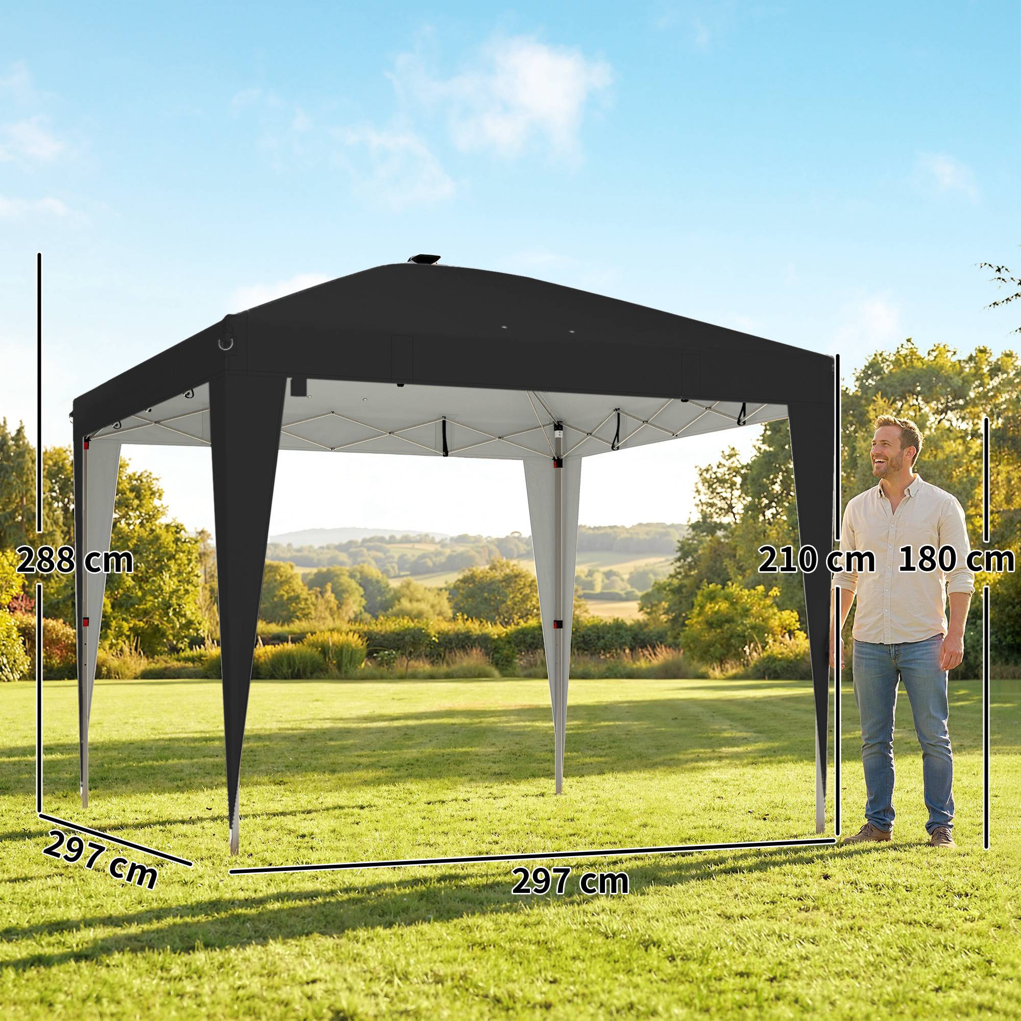 Tonnelle pliante 3x3m hauteur réglable éclairage central télécommande métal polyester noire - Image 5
