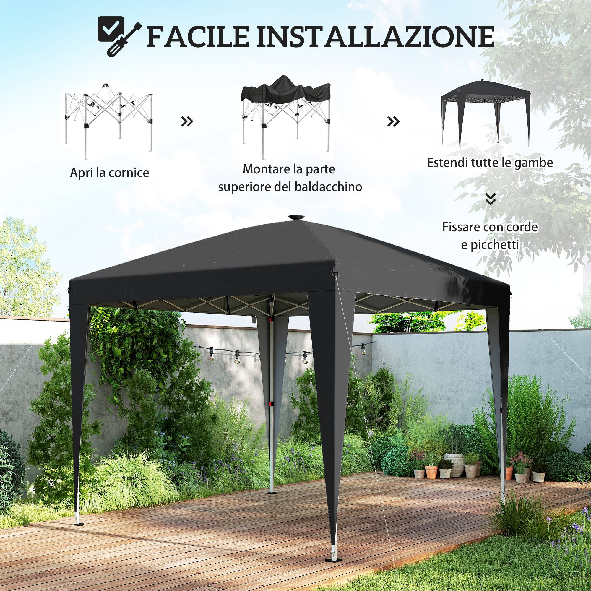 Tonnelle pliante 3x3m hauteur réglable éclairage central télécommande métal polyester noire - Image 8