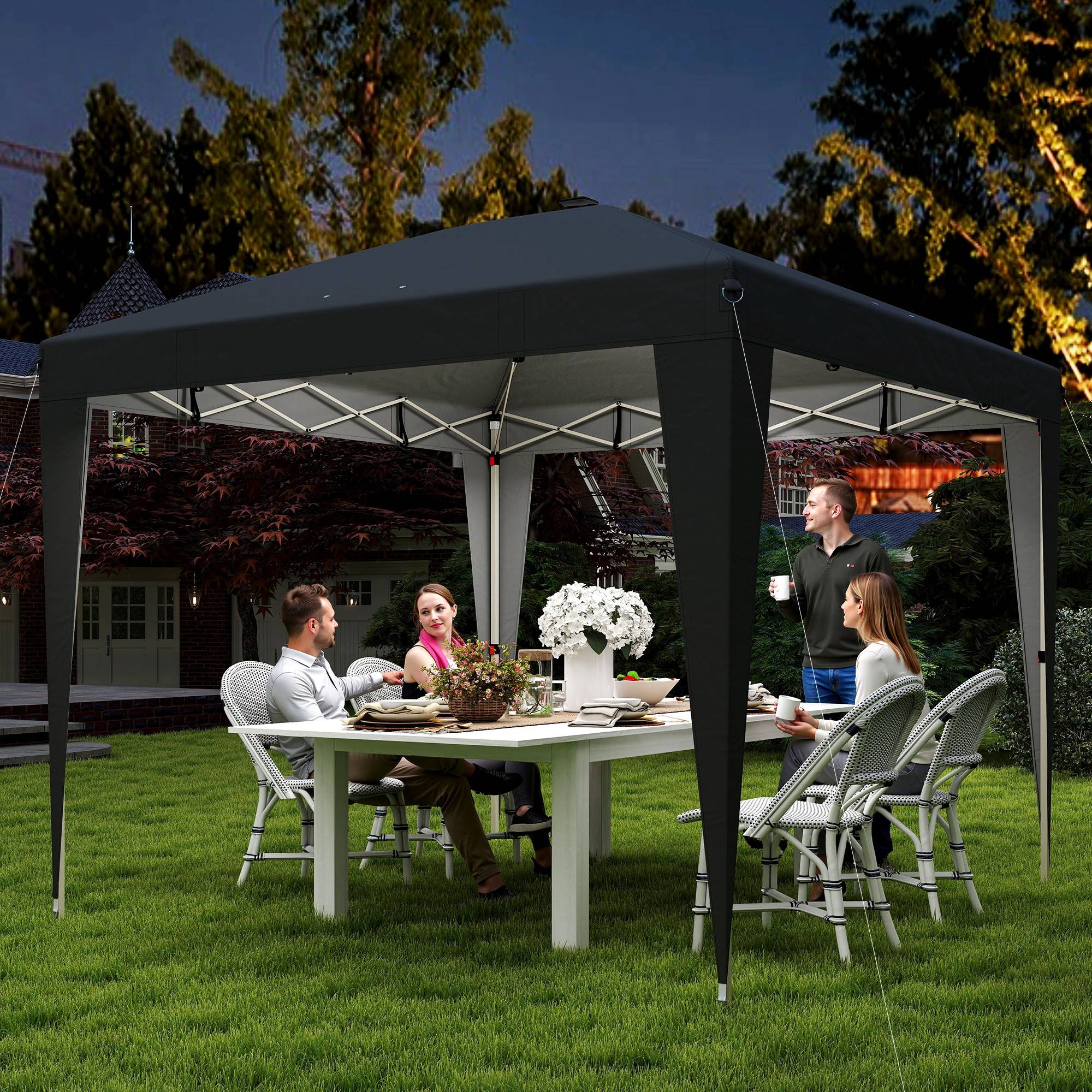 Tonnelle pliante 3x3m hauteur réglable éclairage central télécommande métal polyester noire - Image 4