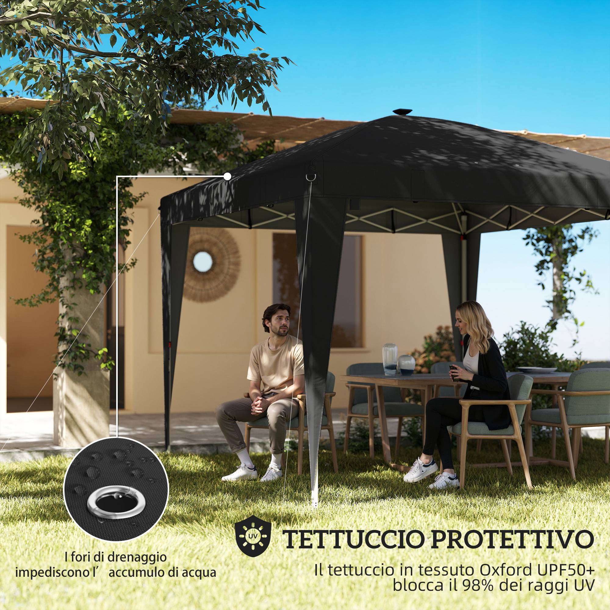 Tonnelle pliante 3x3m hauteur réglable éclairage central télécommande métal polyester noire - Image 7