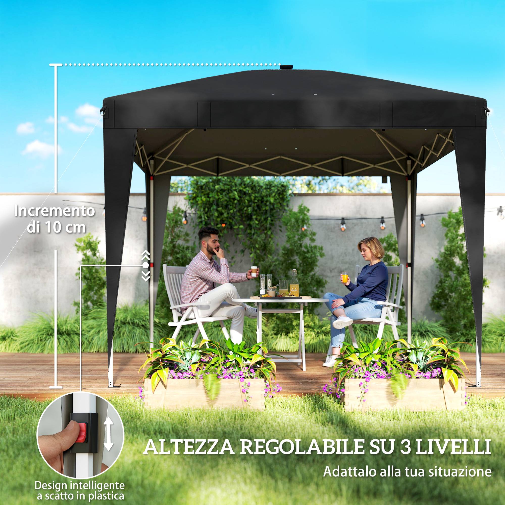 Tonnelle pliante 3x3m hauteur réglable éclairage central télécommande métal polyester noire - Image 9