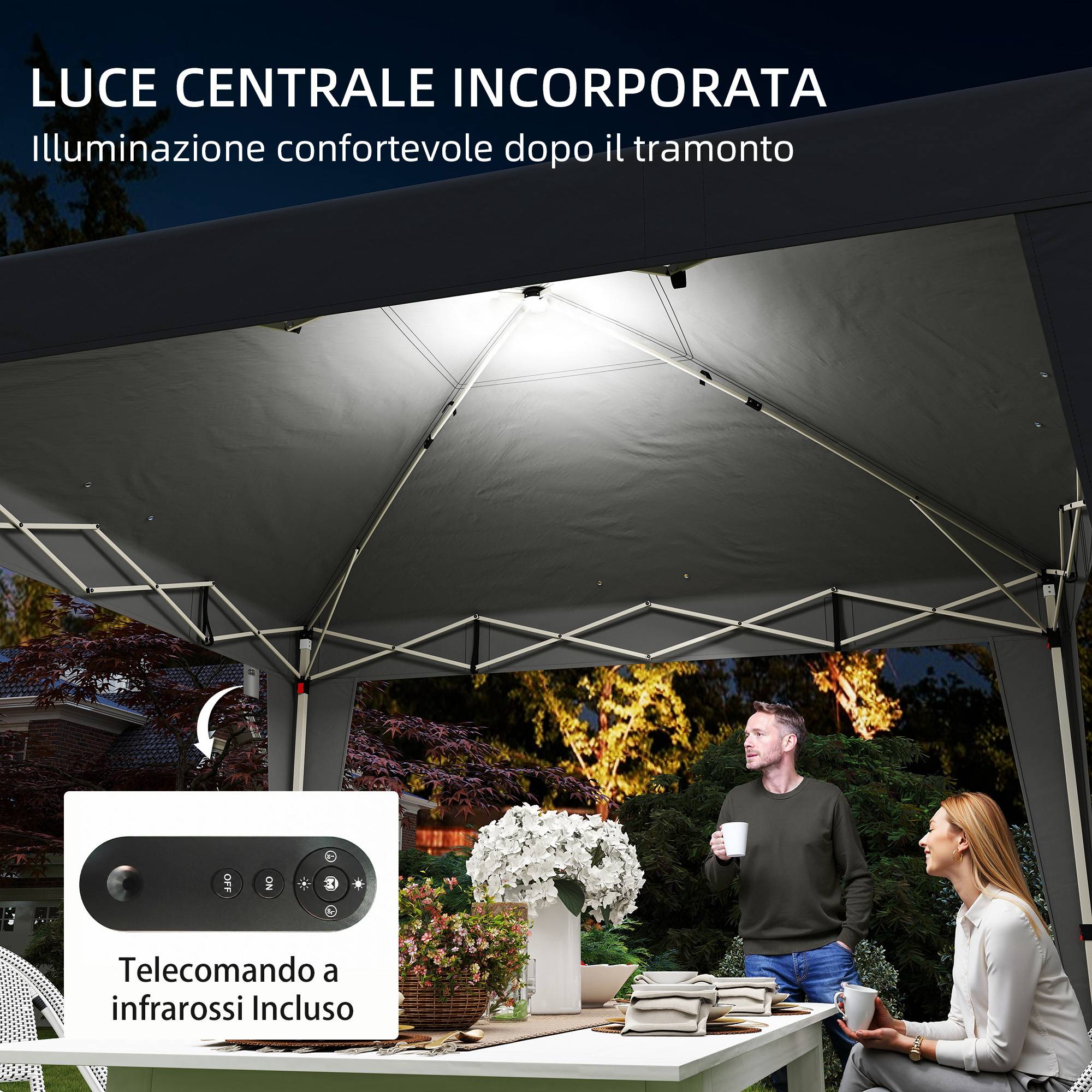Tonnelle pliante 3x3m hauteur réglable éclairage central télécommande métal polyester noire - Image 6