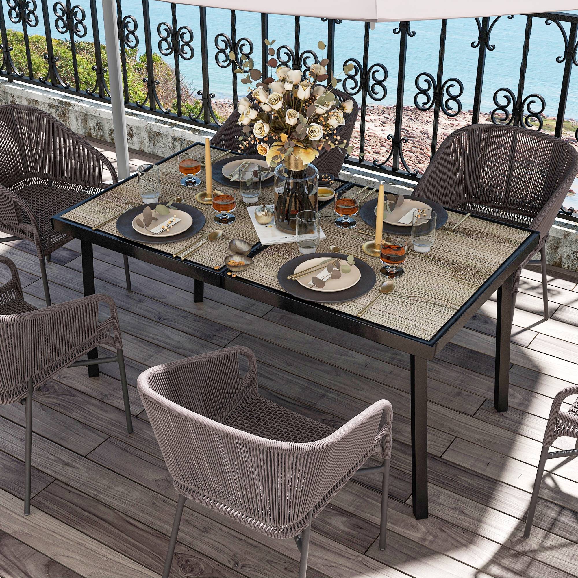 Table d'extérieur grise métal aspect bois résistante intempéries 145x85x72 cm pour 6 personnes - Image 3