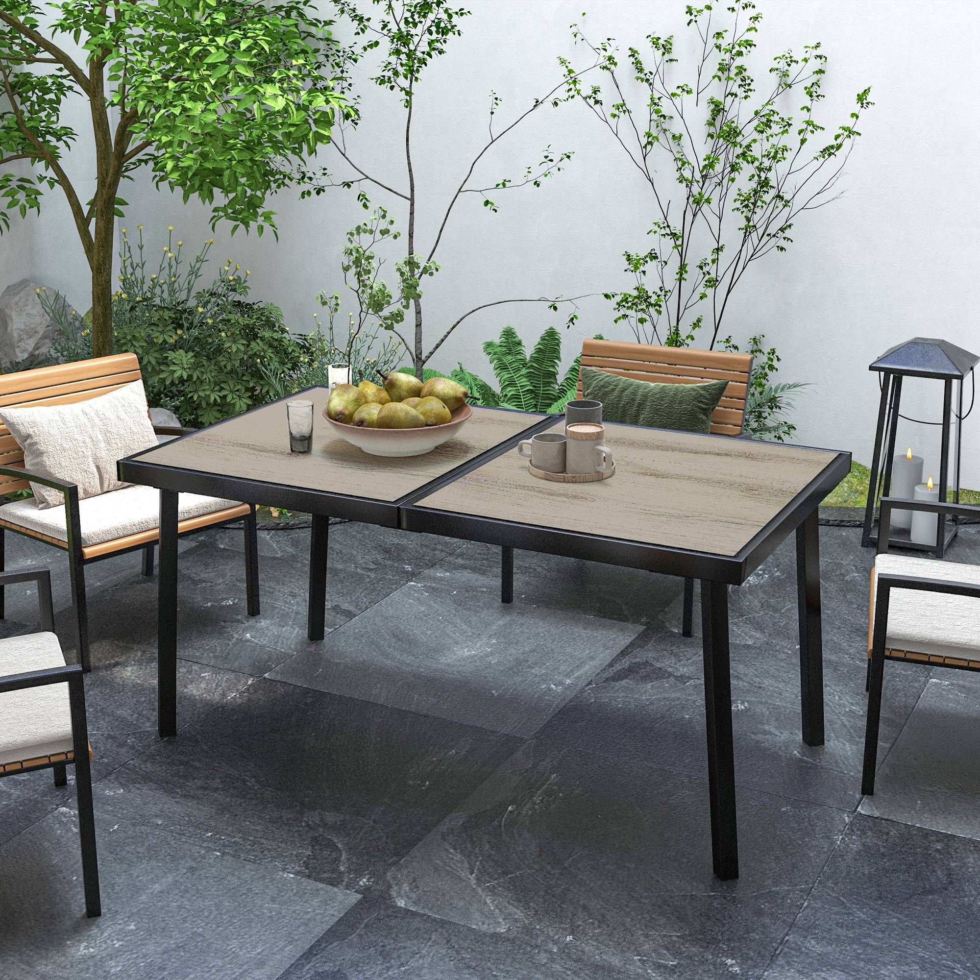 Table d'extérieur grise métal aspect bois résistante intempéries 145x85x72 cm pour 6 personnes - Image 4