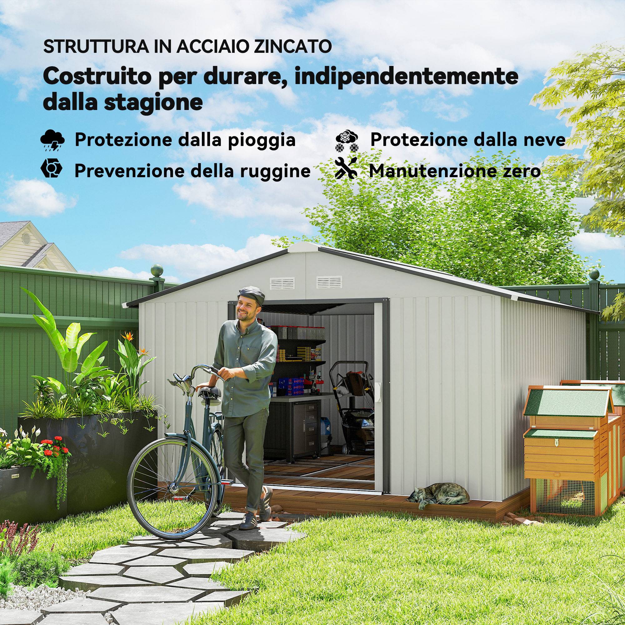 Abri de jardin en acier 3,4 x 3,8 x 2 m avec double porte coulissante et toit en pente, argent - Image 6