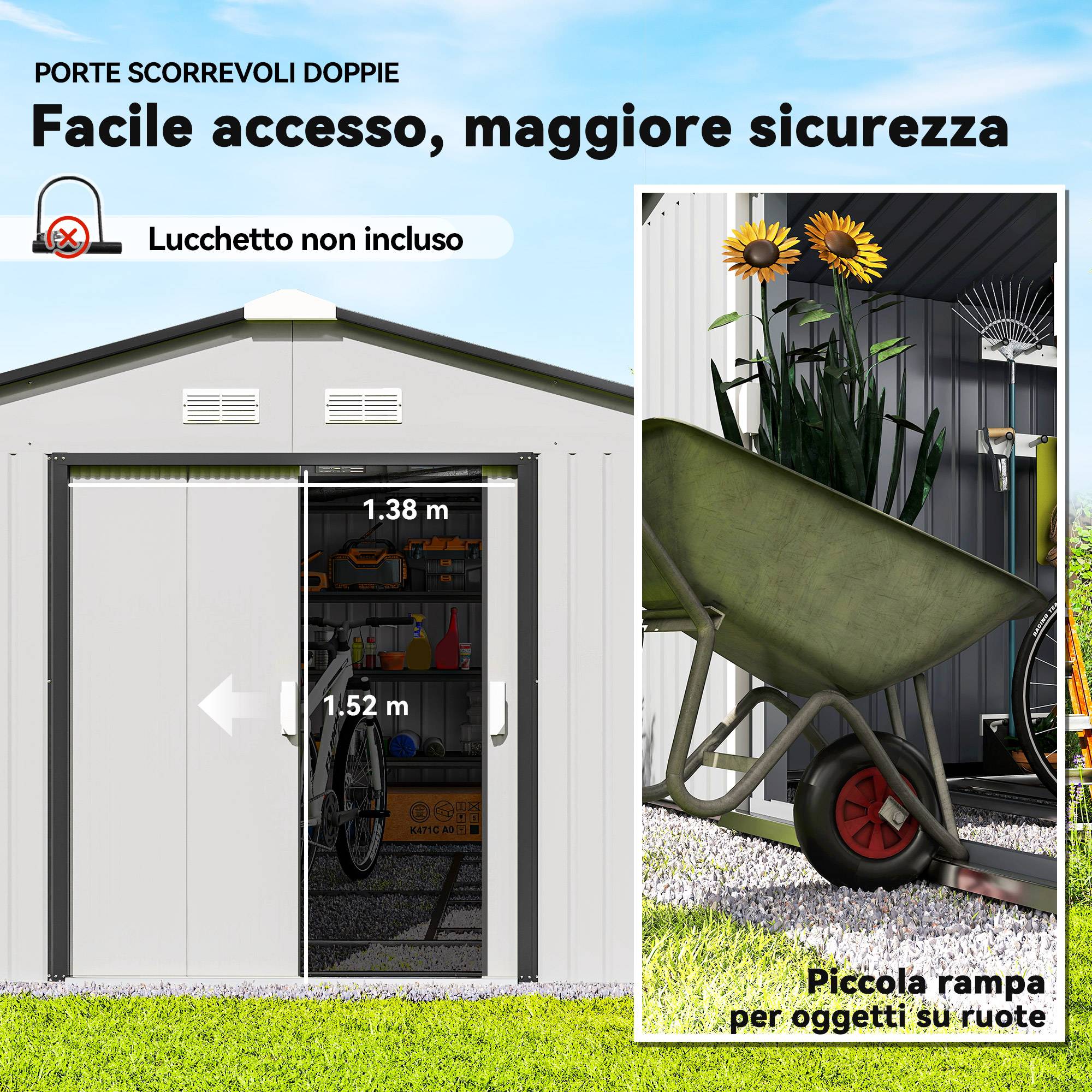 Abri de jardin en acier 3,4 x 3,8 x 2 m avec double porte coulissante et toit en pente, argent - Image 7