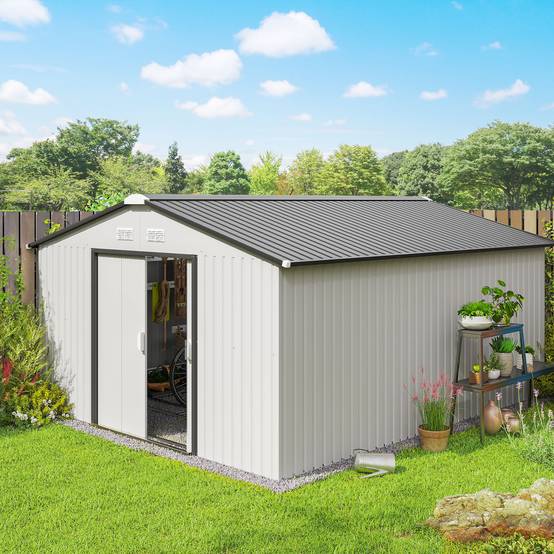 Abri de jardin en acier 3,4 x 3,8 x 2 m avec double porte coulissante et toit en pente, argent - Image 3