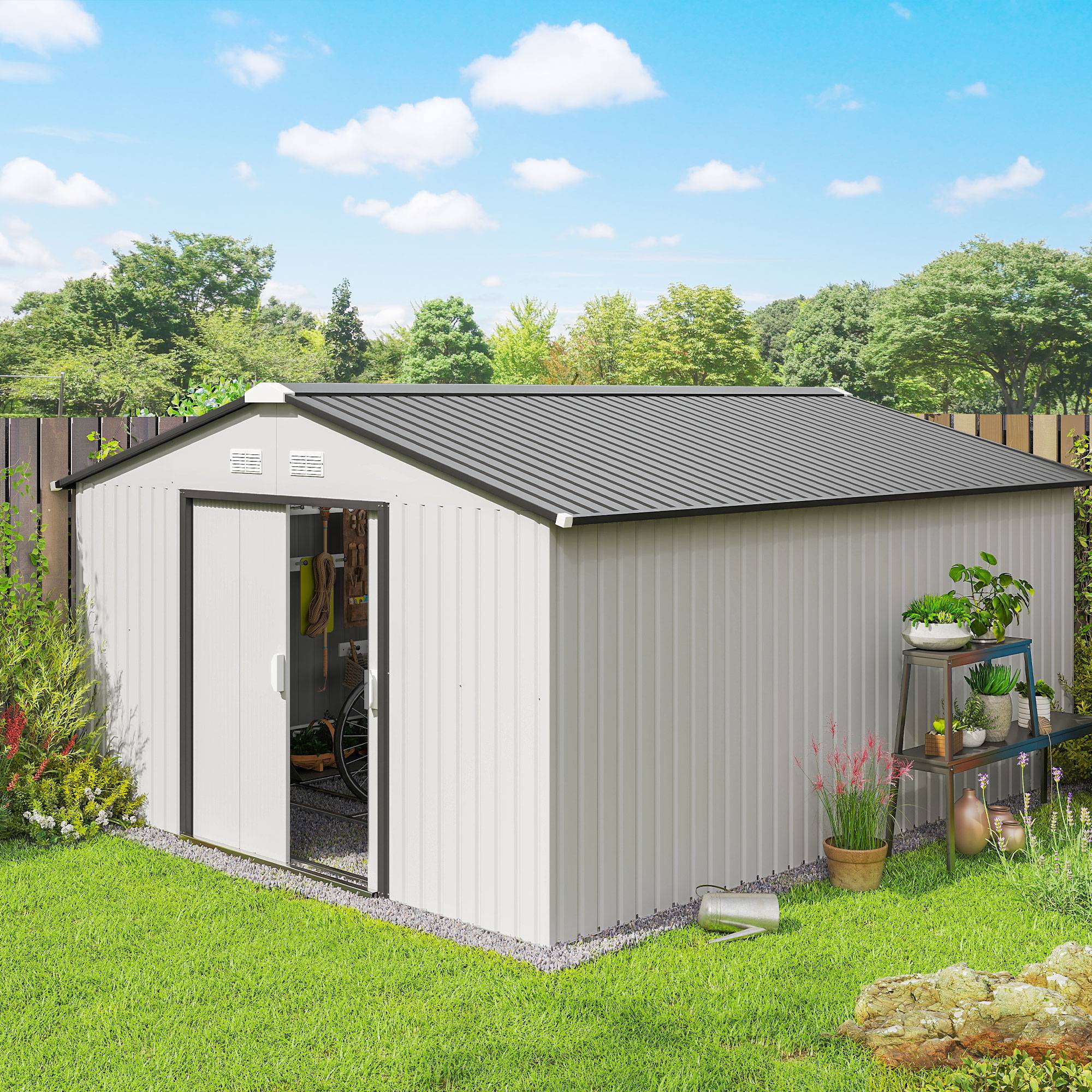 Abri de jardin en acier 3,4 x 3,8 x 2 m avec double porte coulissante et toit en pente, argent - Image 3