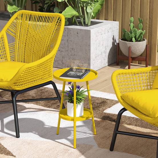 Sans Marque - Petite table appoint ronde 2 niveaux jardin terrasse balcon métal Ø32x51 cm jaune - Image 3