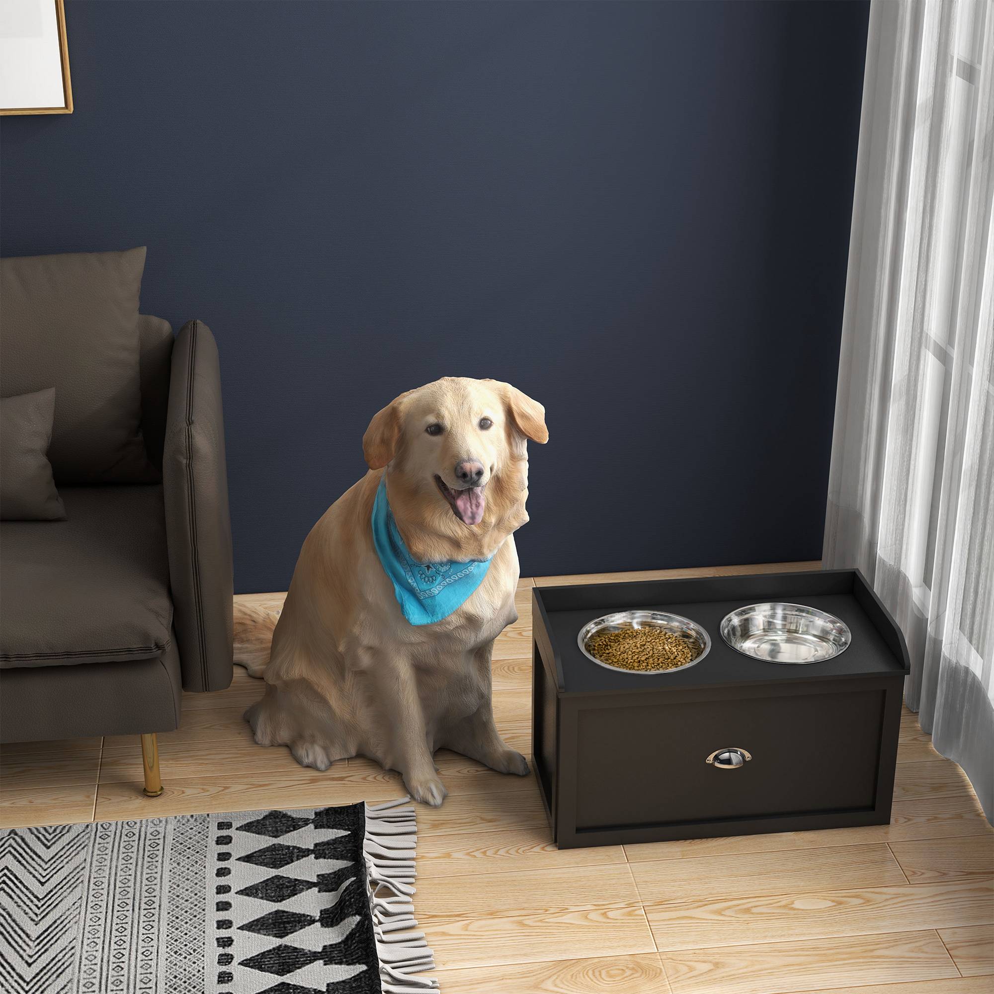ComfortXL - Gamelle surélevée chien avec tiroir MDF noir 60 x 30 x 36 cm grands chiens rangement 21 L 2 gamelles inox - Image 1