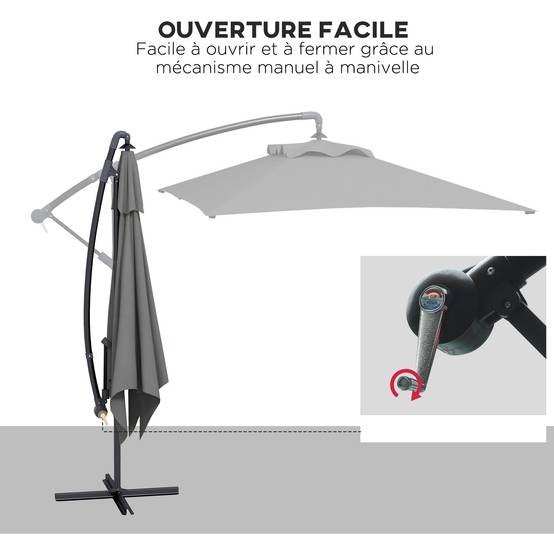 Parasol déporté parasol rectangulaire extérieur manivelle 6 baleines - 294x193x250cm Gris fr329 - Image 6