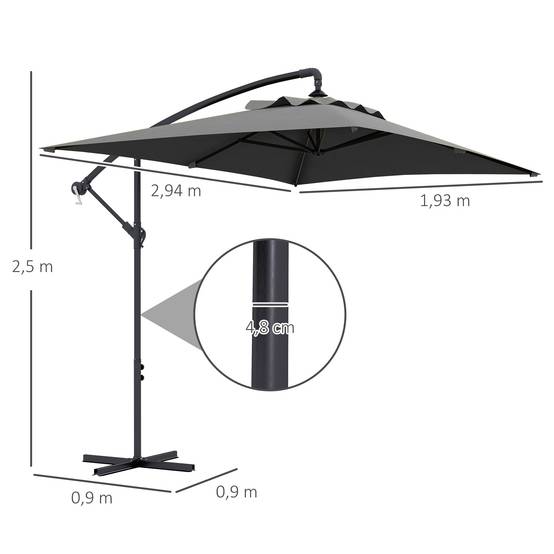 Parasol déporté parasol rectangulaire extérieur manivelle 6 baleines - 294x193x250cm Gris fr329 - Image 5