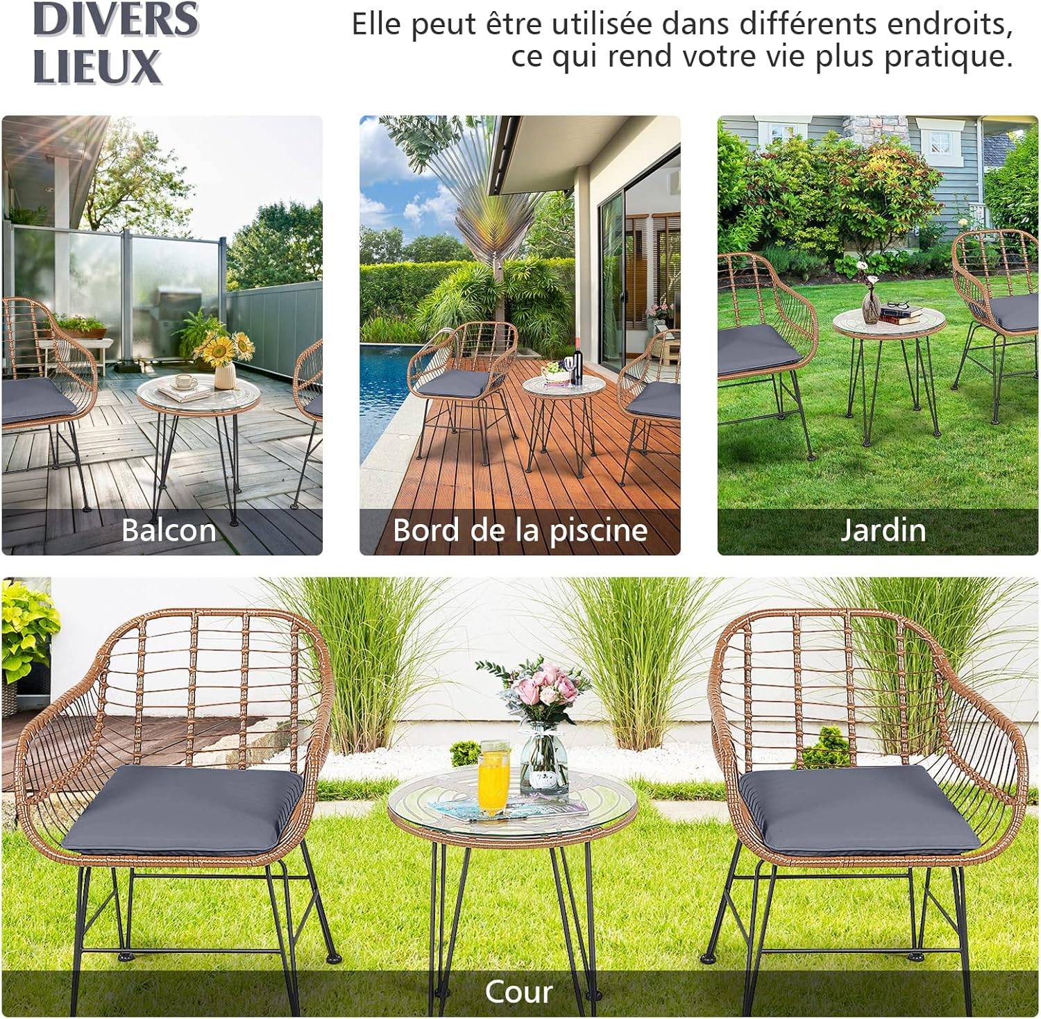 Costway - Salon de Jardin en Rotin 2 Fauteuil + 1 Table Basse (Plateau en Verre), Coussins Amovibles, Naturel - Image 4
