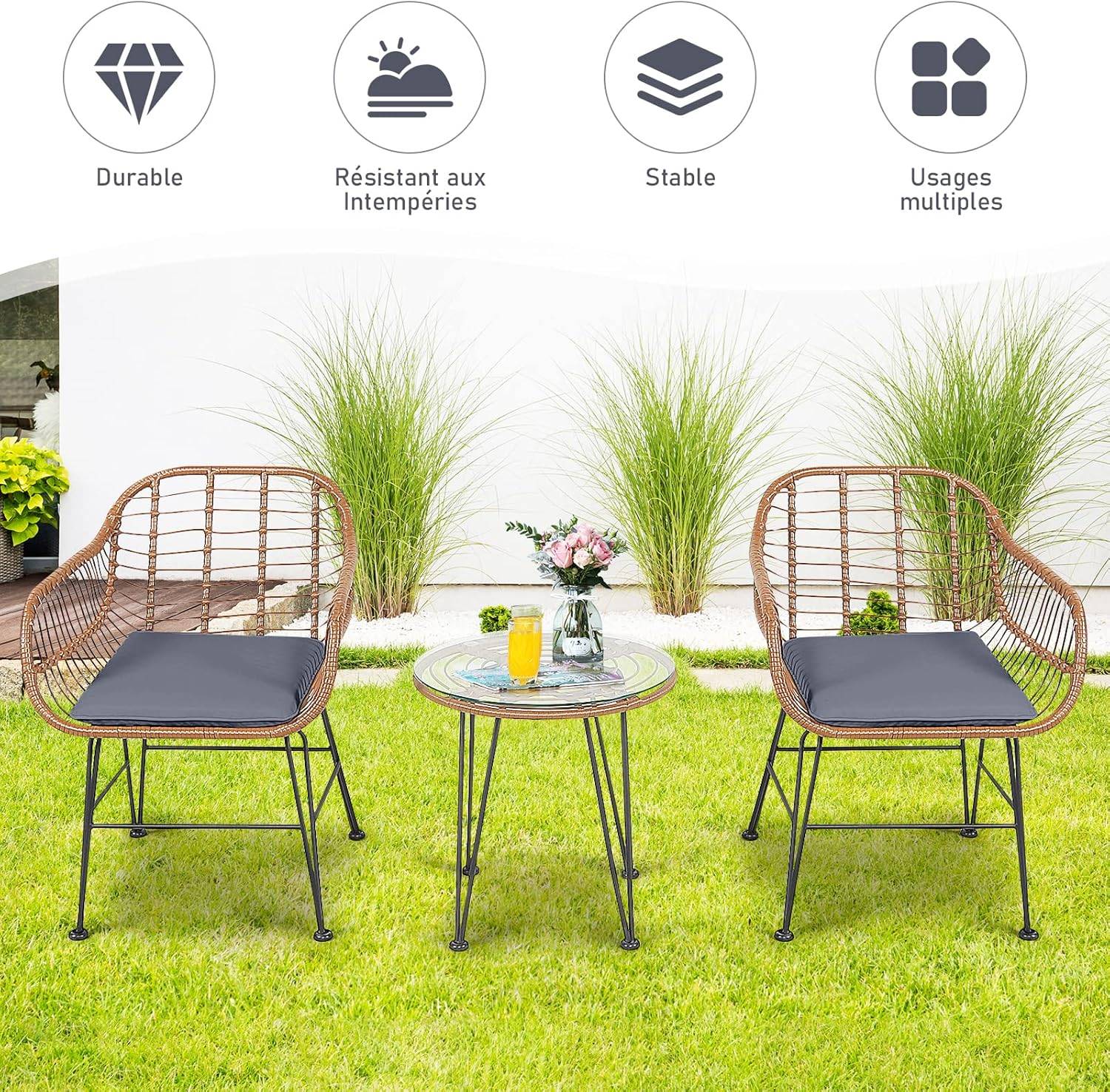 Costway - Salon de Jardin en Rotin 2 Fauteuil + 1 Table Basse (Plateau en Verre), Coussins Amovibles, Naturel - Image 6