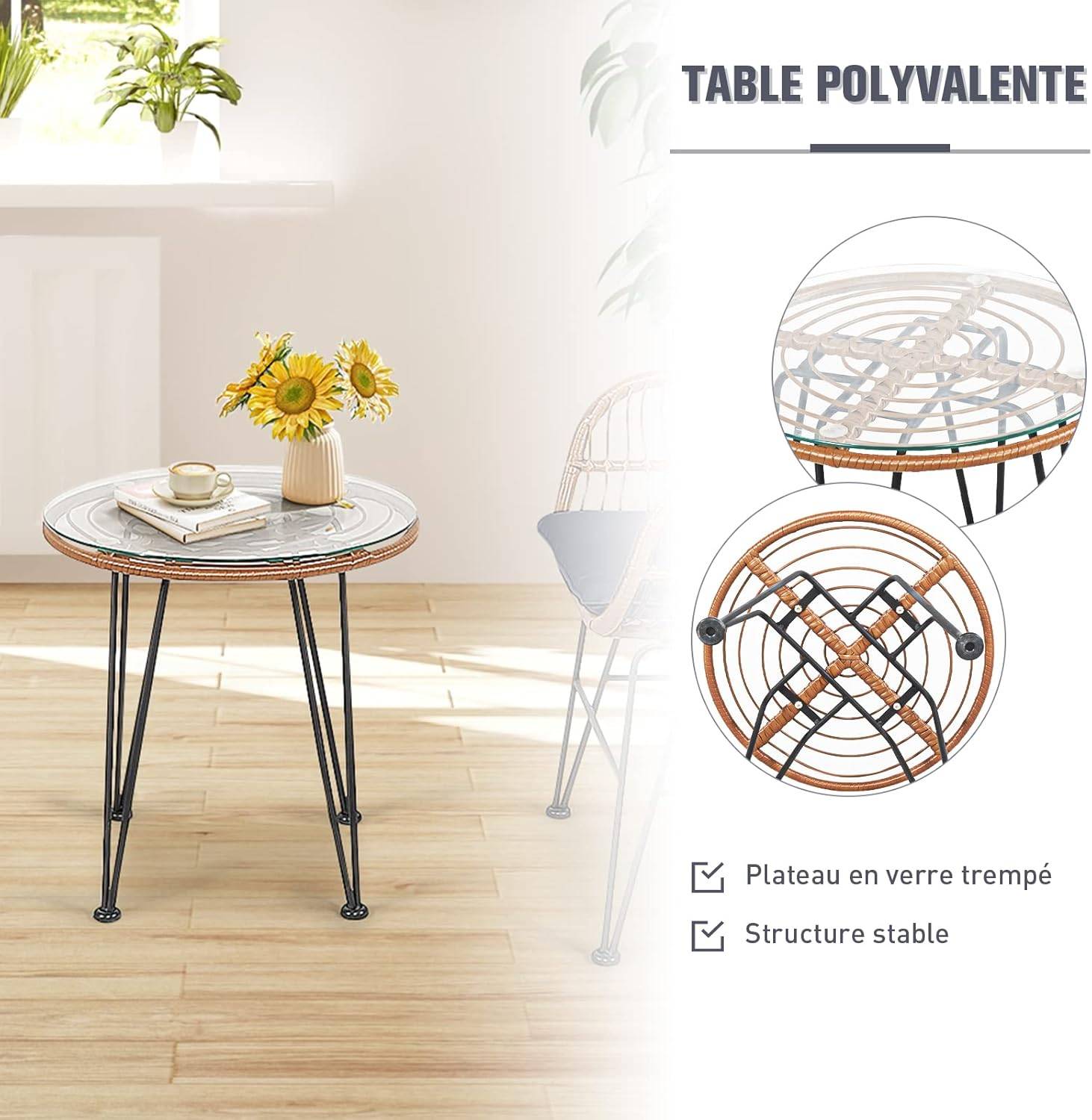 Costway - Salon de Jardin en Rotin 2 Fauteuil + 1 Table Basse (Plateau en Verre), Coussins Amovibles, Naturel - Image 2
