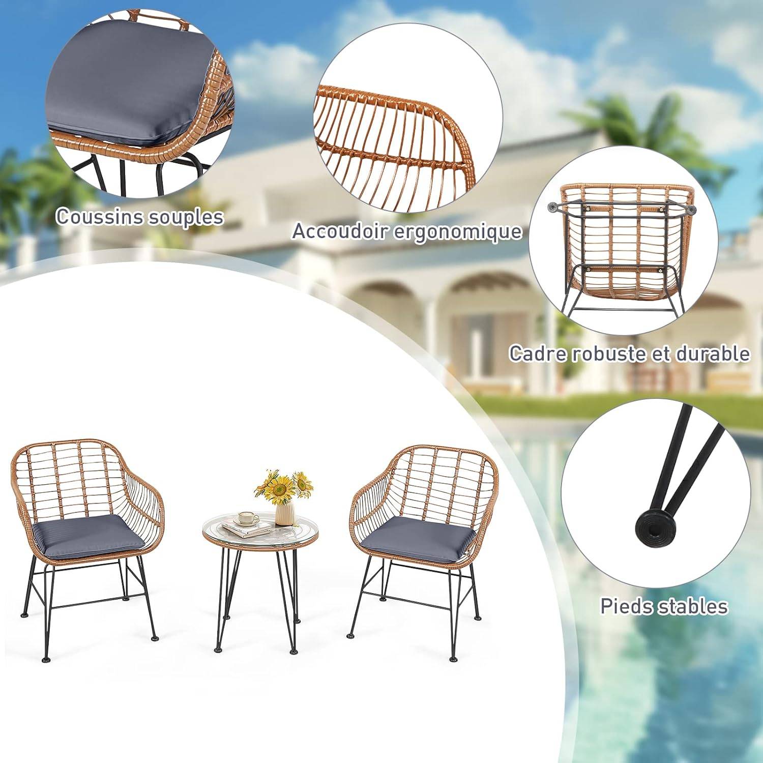 Costway - Salon de Jardin en Rotin 2 Fauteuil + 1 Table Basse (Plateau en Verre), Coussins Amovibles, Naturel - Image 3