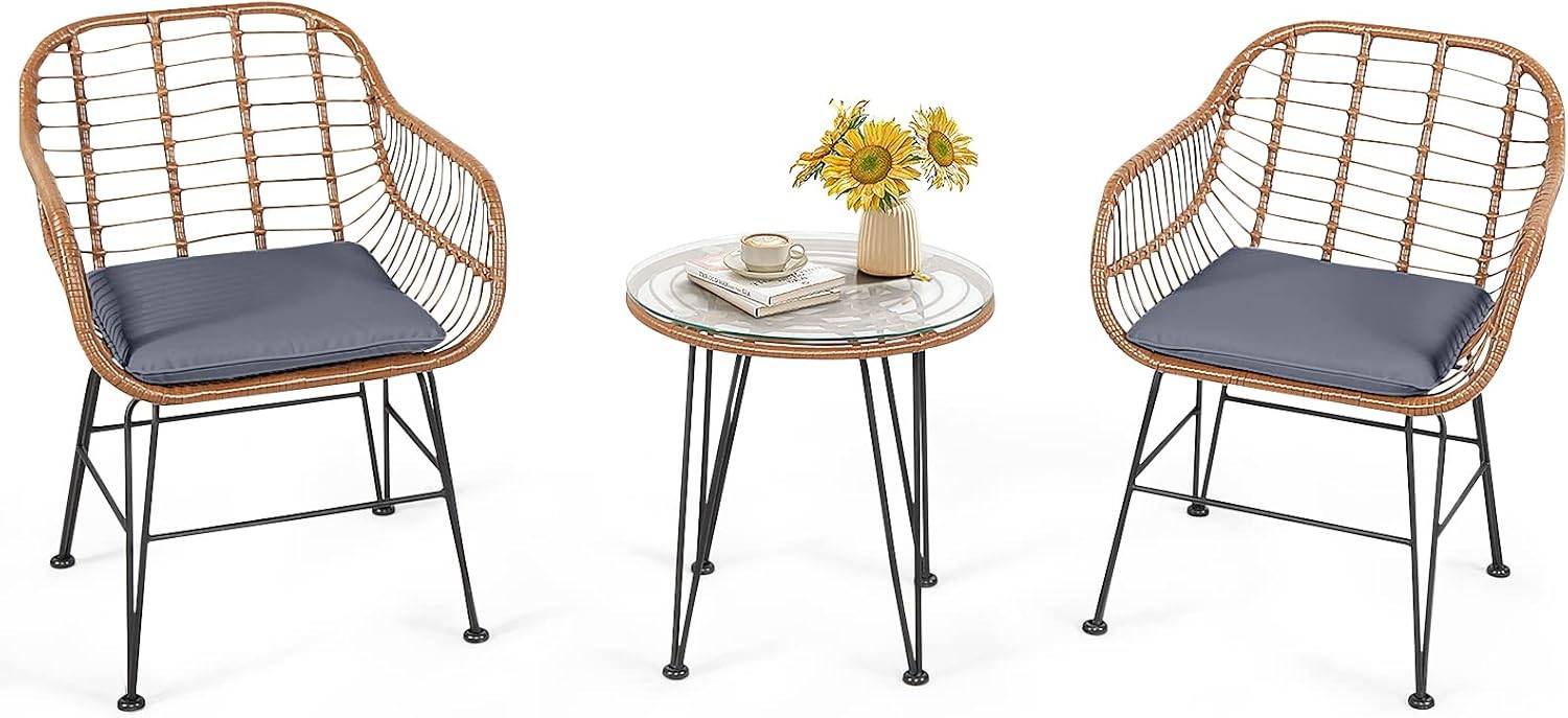 Costway - Salon de Jardin en Rotin 2 Fauteuil + 1 Table Basse (Plateau en Verre), Coussins Amovibles, Naturel - Image 1
