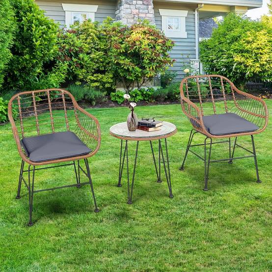 Costway - Salon de Jardin en Rotin 2 Fauteuil + 1 Table Basse (Plateau en Verre), Coussins Amovibles, Naturel - Image 7