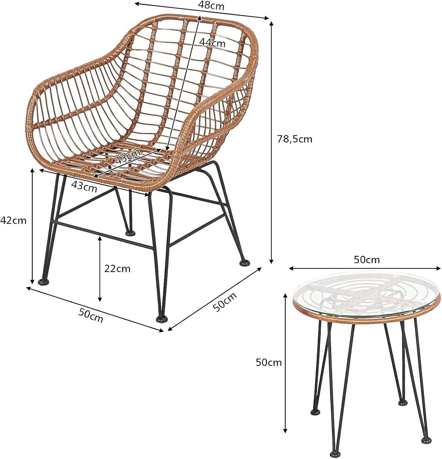 Costway - Salon de Jardin en Rotin 2 Fauteuil + 1 Table Basse (Plateau en Verre), Coussins Amovibles, Naturel - Image 5