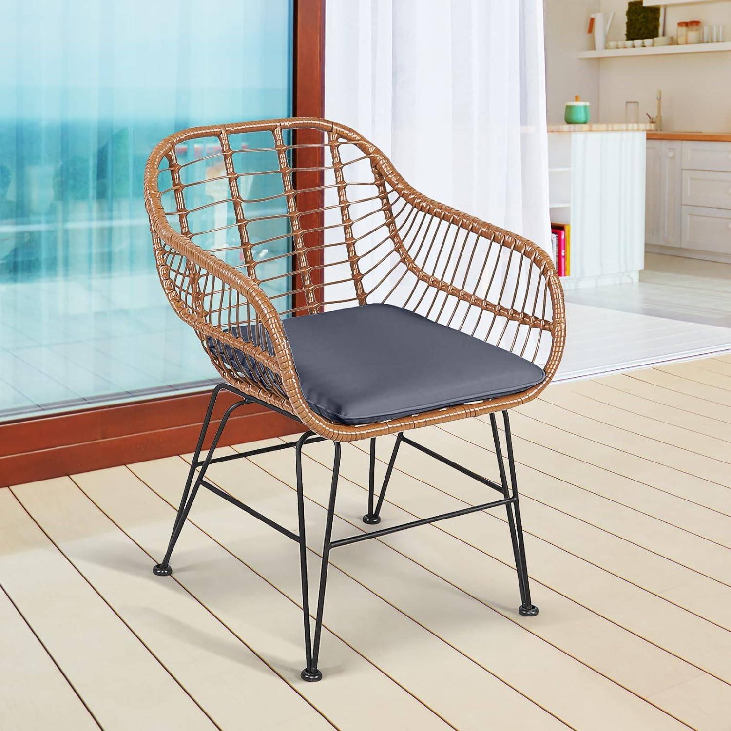 Costway - Salon de Jardin en Rotin 2 Fauteuil + 1 Table Basse (Plateau en Verre), Coussins Amovibles, Naturel - Image 8