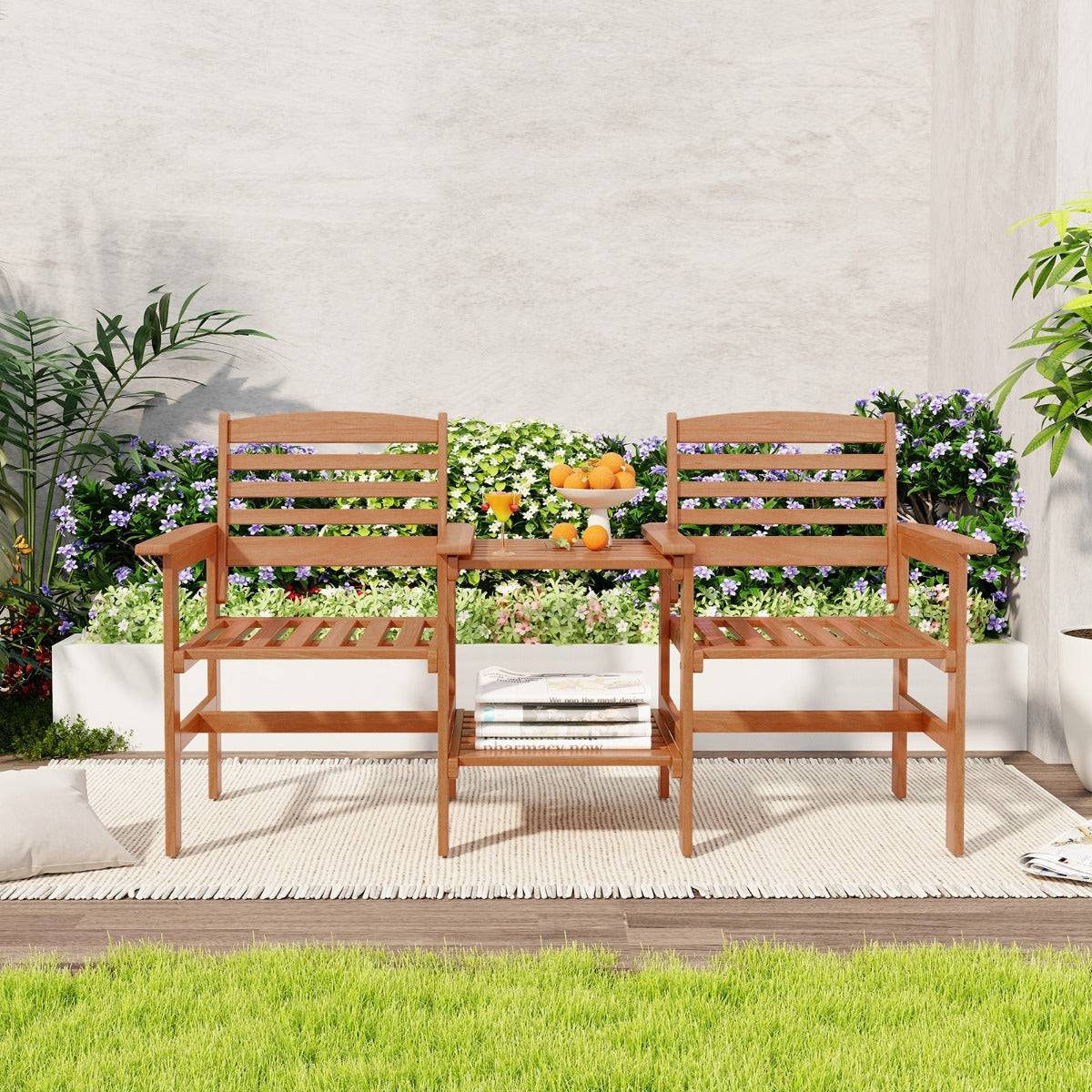 Ensemble de meubles de patio 2 places en bois causeuse d'extérieur avec table basse et trou pour parasol ensemble de conversation - Image 3
