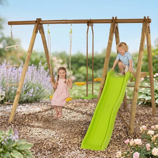 Station de jeux bois poutre métal 1,90 m, 5 enfants, Techwood Premium OREKA - Image 2